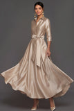 Champagne Collar Neck Satin A Line Maxi Wedding Guest Dress with Sash