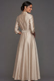 Champagne Collar Neck Satin A Line Maxi Wedding Guest Dress with Sash