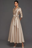 Champagne Collar Neck Satin A Line Maxi Wedding Guest Dress with Sash