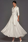 Champagne Collar Neck Satin A Line Maxi Wedding Guest Dress with Sash