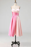 Pink A Line Ruched Spaghetti Straps Midi Wedding Guest Dress