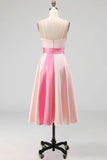 Pink A Line Ruched Spaghetti Straps Midi Wedding Guest Dress