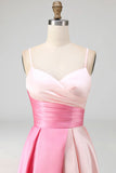 Pink A Line Ruched Spaghetti Straps Midi Wedding Guest Dress