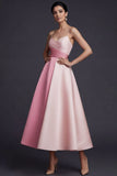 Pink A Line Ruched Spaghetti Straps Midi Wedding Guest Dress
