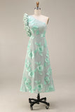 Green Floral One Shoulder Ruffled Midi Formal Dress