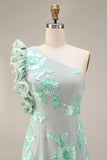Green Floral One Shoulder Ruffled Midi Formal Dress