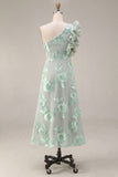 Green Floral One Shoulder Ruffled Midi Formal Dress