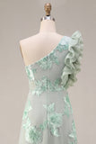 Green Floral One Shoulder Ruffled Midi Formal Dress