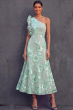 Green Floral One Shoulder Ruffled Midi Formal Dress