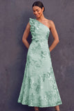 Green Floral One Shoulder Ruffled Midi Formal Dress