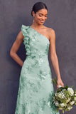Green Floral One Shoulder Ruffled Midi Formal Dress