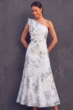 Green Floral One Shoulder Ruffled Midi Formal Dress