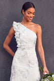 Green Floral One Shoulder Ruffled Midi Formal Dress