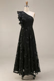 Black Floral A Line One Shoulder Midi Weeding Guest Dress