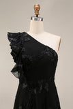 Black Floral A Line One Shoulder Midi Weeding Guest Dress