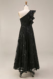 Black Floral A Line One Shoulder Midi Weeding Guest Dress