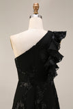 Black Floral A Line One Shoulder Midi Weeding Guest Dress