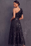 Black Floral A Line One Shoulder Midi Weeding Guest Dress