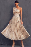 Black Floral A Line One Shoulder Midi Weeding Guest Dress
