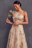 Black Floral A Line One Shoulder Midi Weeding Guest Dress