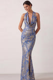 Leely Women Peacock Green Mermaid Maxi Wedding Guest Dress with Slit Cowl Neck Floral Burnout Velvet Evening Dress
