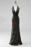 Peacock Green Mermaid Cowl Neck Maxi Wedding Guest Dress with Slit