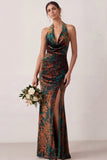 Peacock Green Mermaid Cowl Neck Maxi Wedding Guest Dress with Slit