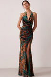 Peacock Green Mermaid Cowl Neck Maxi Wedding Guest Dress with Slit