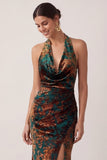 Peacock Green Mermaid Cowl Neck Maxi Wedding Guest Dress with Slit
