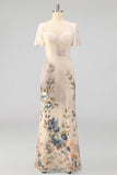 Floral Champagne Flutter Sleeves Mermaid Maxi Wedding Guest Dress