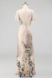 Floral Champagne Flutter Sleeves Mermaid Maxi Wedding Guest Dress