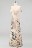 Floral Champagne Flutter Sleeves Mermaid Maxi Wedding Guest Dress