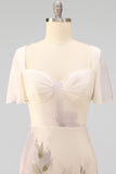Floral Champagne Flutter Sleeves Mermaid Maxi Wedding Guest Dress