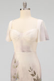 Floral Champagne Flutter Sleeves Mermaid Maxi Wedding Guest Dress