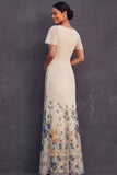 Floral Champagne Flutter Sleeves Mermaid Maxi Wedding Guest Dress