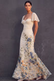 Floral Champagne Flutter Sleeves Mermaid Maxi Wedding Guest Dress
