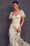Floral Champagne Flutter Sleeves Mermaid Maxi Wedding Guest Dress