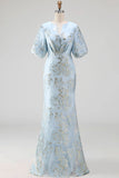 Jacquard Light Blue Mermaid Maxi Wedding Guest Dress with Sleeves