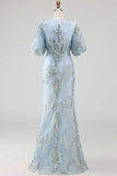 Jacquard Light Blue Mermaid Maxi Wedding Guest Dress with Sleeves