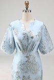 Jacquard Light Blue Mermaid Maxi Wedding Guest Dress with Sleeves