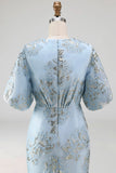 Jacquard Light Blue Mermaid Maxi Wedding Guest Dress with Sleeves
