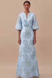 Jacquard Light Blue Mermaid Maxi Wedding Guest Dress with Sleeves