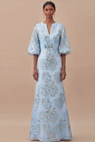 Jacquard Light Blue Mermaid Maxi Wedding Guest Dress with Sleeves