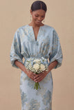 Jacquard Light Blue Mermaid Maxi Wedding Guest Dress with Sleeves