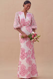 Jacquard Light Blue Mermaid Maxi Wedding Guest Dress with Sleeves