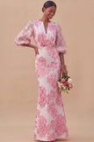 Jacquard Light Blue Mermaid Maxi Wedding Guest Dress with Sleeves