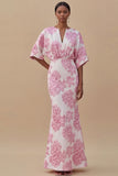Jacquard Light Blue Mermaid Maxi Wedding Guest Dress with Sleeves