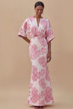Jacquard Light Blue Mermaid Maxi Wedding Guest Dress with Sleeves