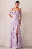 Floral Off the Shoulder Lilac Appliqued Long Wedding Guest Dress