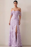 Floral Off the Shoulder Lilac Appliqued Long Wedding Guest Dress